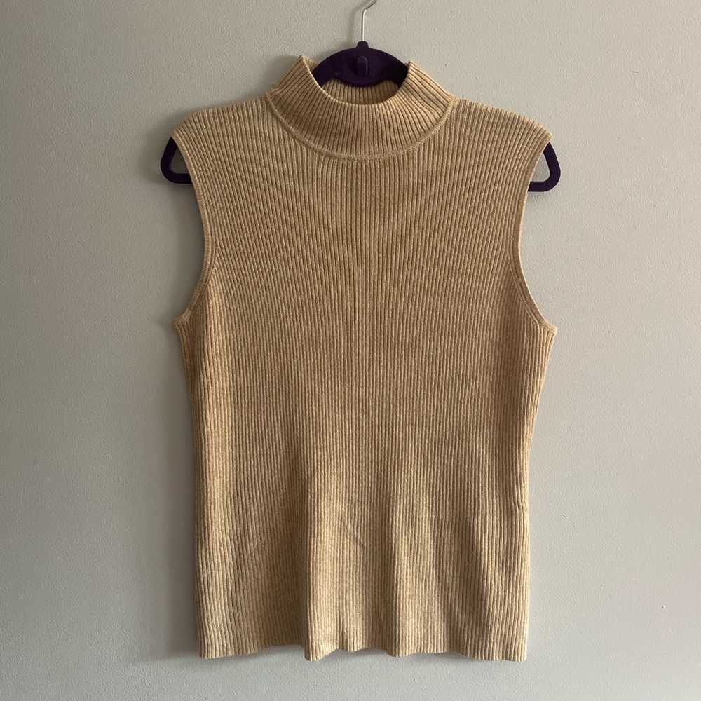 Dana Buchman Sleeveless Ribbed Turtleneck Sweater - Beige